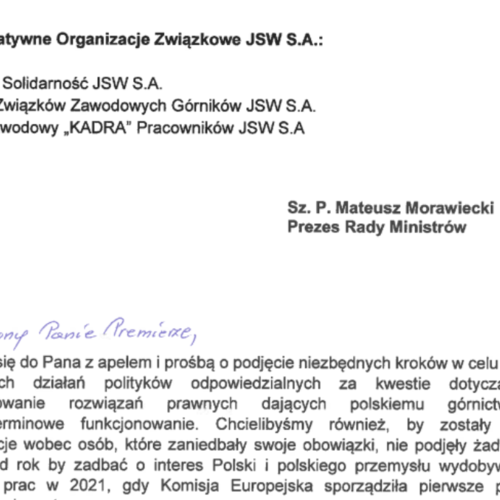 Obraz główny aktualności o tytule Reprezentatywne Organizacje Związkowe JSW S.A apelują do Premiera o ratowanie polskiego górnictwa 