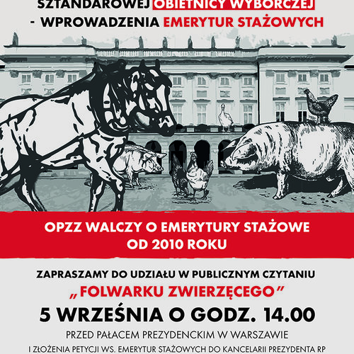 Obraz główny aktualności o tytule OPZZ: Folwark Zwierzęcy przed Pałacem Prezydenckim! 